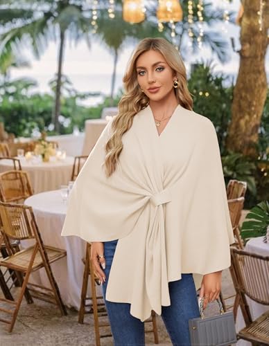 PULI Women's Elegant Shawl Wraps Soft Open Front Poncho Sweater for Spring Fall Winter - color: Front Tab-beige