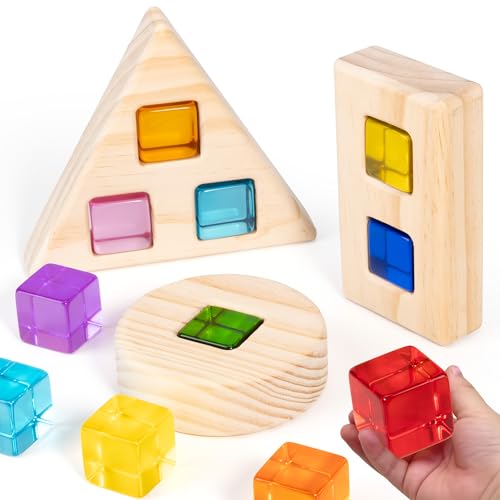 Woodtoe Rainbow Building Blocks Set for Toddlers, 16 PCS Large Acrylic Gem Cubes Stacking Blocks, 3 Wooden Shape, Montessori Stacking Toy for 1 2 3 4 Year Old, Educational STEM Creative Toys for Kids - style: 16 PCS Large Acrylic Blocks Set