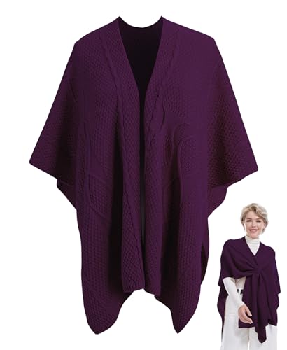 MissShorthair Knit Shawl Wraps for Women Boho Crochet Shawls Cape Open Front Cardigan - color: Violet