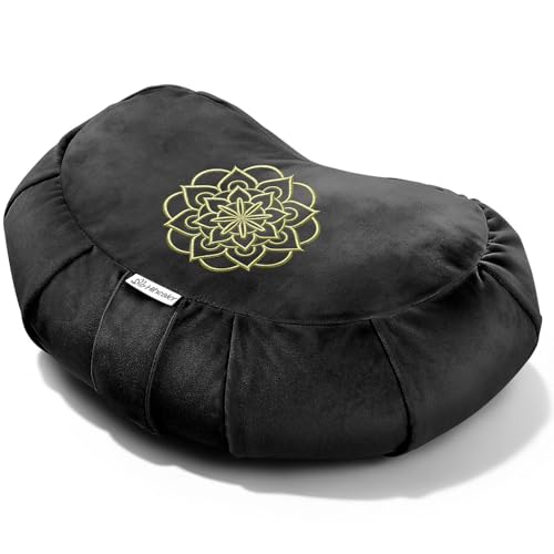 Hihealer Premium Crescent Meditation Cushion, Ergonomic Buckwheat Hull Floor Pillow for Adults, Comfortable Yoga Bolster for Meditation & Floor Sitting (Black) - color: Black