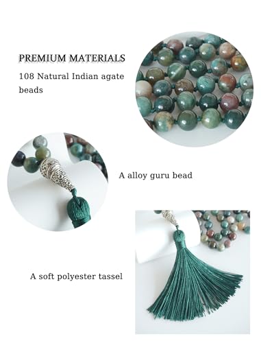 Mala Beads 108 Handmade Necklace,Natural Indian Agate Turquoise Amethyst with Alloy Guru Bead and Tassel,43.2 Inches for Prayer,Meditation,Yoga - color: Indian Agate