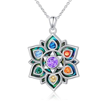 FLYOW 7 Chakra Necklace 925 Sterling Silver Lotus Flower Rainbow Stones Yoga Energy Balance Pendant Spiritual Healing Jewelry Birthday Gifts for Anxiety Stress Relief Balancing Meditation