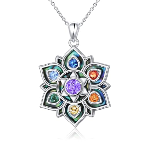 FLYOW 7 Chakra Necklace 925 Sterling Silver Lotus Flower Rainbow Stones Yoga Energy Balance Pendant Spiritual Healing Jewelry Birthday Gifts for Anxiety Stress Relief Balancing Meditation