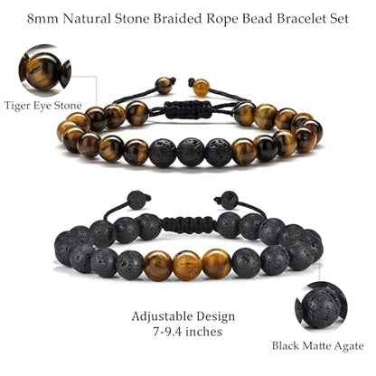 M MOOHAM Fathers Day Gift Mens Bracelet - Beaded Natural Stone 8mm Tiger Eye Matte Agate Lava Rock Bracelets for Men Teen Boys Grandpa Dad Birthday Gifts Jewelry - style: " Tiger eye&Lava Rock Bracelets