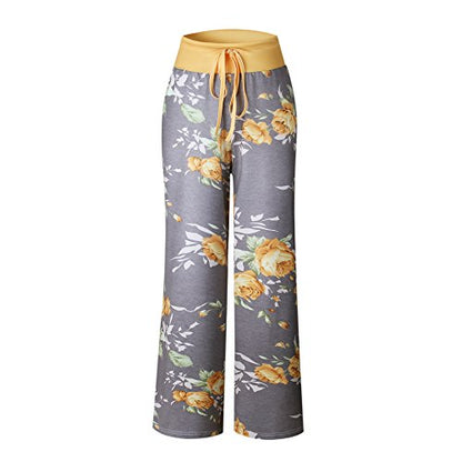 iChunhua Women's Comfy Stretch Floral Print Drawstring Palazzo Wide Leg Lounge Pant