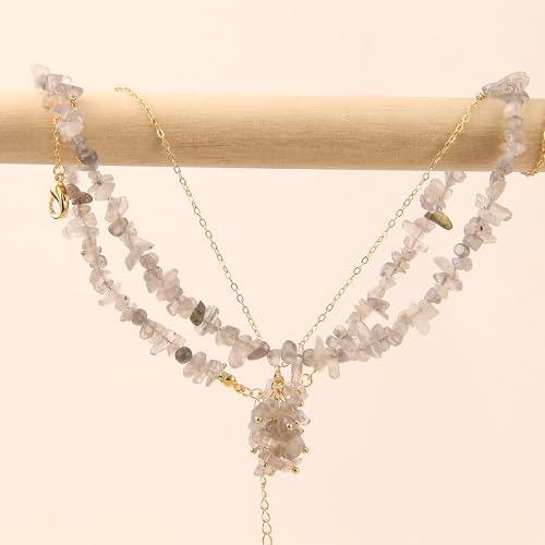 2Pcs Crystal Necklace for Women Handmade Choker Necklaces Pendant Necklace Natural Stone Gemstone Beaded Necklace 18k Gold Plated Adjustable Dainty Necklace for Women - color: Labradorite