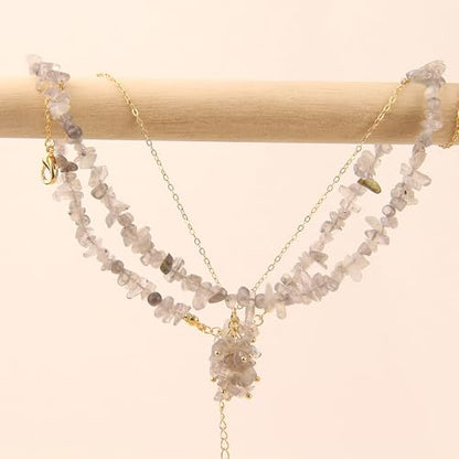 2Pcs Crystal Necklace for Women Handmade Choker Necklaces Pendant Necklace Natural Stone Gemstone Beaded Necklace 18k Gold Plated Adjustable Dainty Necklace for Women - color: Labradorite