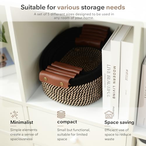 ECDYQXVU 5 Piece Storage Baskets Small Woven Basket with Detachable Leather Handle, Cotton Rope Shelf Baskets for Closet Organizers, Different Sizes Basket Decor, Black Brown