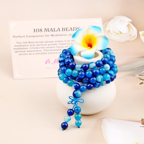 AD Beads 6mm 8mm 108 Prayer Mala Jasper Elastic Bracelet - Handmade Yoga Meditation Healing Power Energy Gifts for Unisex Adult. - color: Blue Stripe Agate(Soothing)