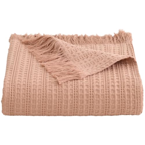 100% Cotton Waffle Blanket with Fringe, Pre-Washed Waffle Weave Blanket for All Season, Lightweight Breathable Soft Cozy Throw Blanket for Couch, Bed, Travel (Dusty Pink - 50x60 Inches) - color: Dusty Pink, size: Throw-50'' x 60''