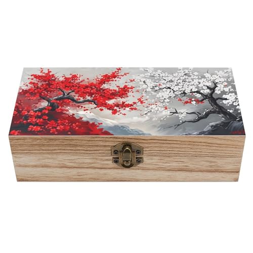 Red White Cherry Blossom Vintage Wooden Storage Box with Hinged Lid – Rustic Natural Wood Keepsake Box for Jewelry, Trinkets, And Photos – Decorative Small Chest Organizer (7.9" X 3.9" X 2.3") - color: black-7