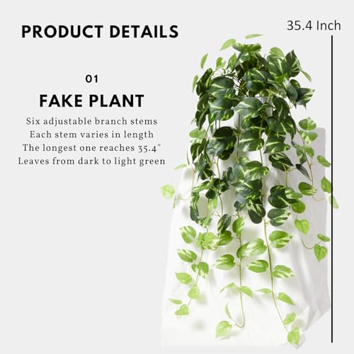 Realistic Artificial Plants Indoor in Pot – Green Faux Hanging Plants Artificial Decor Fake Pothos Potted Home Decor Shelves Tabletop Office 1 Pack