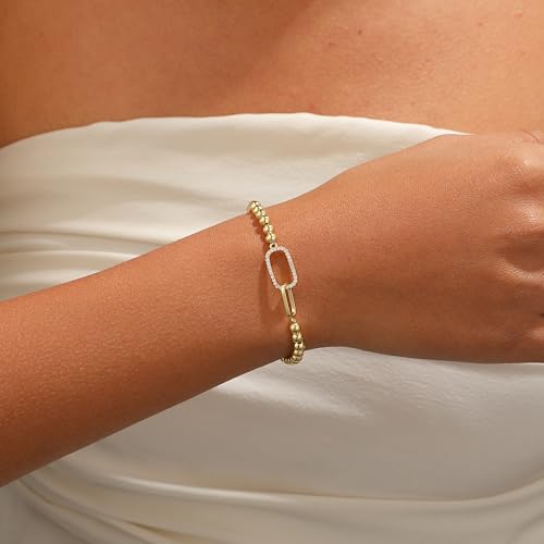 Gold Bracelets for Women, Cute 14K Gold/Silver Plated Stretch Beaded Bracelets for Women Trendy Stackable Charm Bracelet Dainty Adjustable Waterproof Non Tarnish Jewelry Gifts for Her - color: square