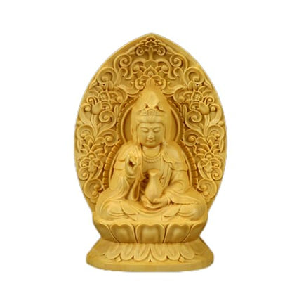 Ulalaza Boxwood Buddha Statue Solid Wood Carvings Carved Locker Box Sculpture Decoration - color: S2-yellow