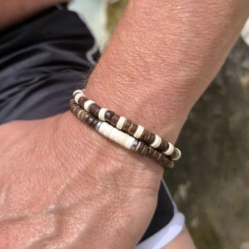Puka Shell Bracelet for Men Wooden Bracelets Turquoise Stack Beaded Minimalist Trendy Jewelry for Friend Gift - style: 2pcs-Brown White