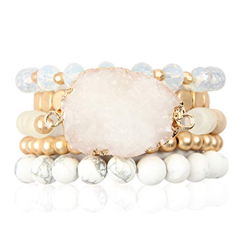 RIAH FASHION Bohemian Acrylic Druzy Multi-Layer Bead Statement Bracelet - Versatile Faux Stone Pendant Stretch Strand Stackable Cuff Bangle Set Sparkly Crystal - color: Acrylic Druzy & Natural Stone Bead White Howlite