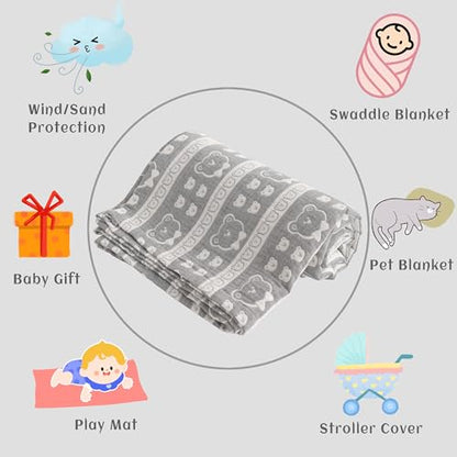 NTBAY 3 Layer Oversized Muslin Cotton Toddler Blanket, Jacquard Reversible Nursery Bed Blanket, Super Soft and Thermal for All Seasons, Baby Gift, 45"x60", Dark Grey Bear - color: Dark Grey Bear, size: 45x60 Inch (Pack of 1)