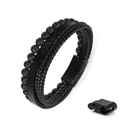FOCOOG Leather Bead Bracelets for Men, Natural Tiger Eye Lava Rock Stone Bead Magnetic Clasp Adjustable Leather Bracelets Stress Relief Mens Anxiety Bracelet Mens Jewelry Gifts - style: Black Leather-Lava Rock Bead