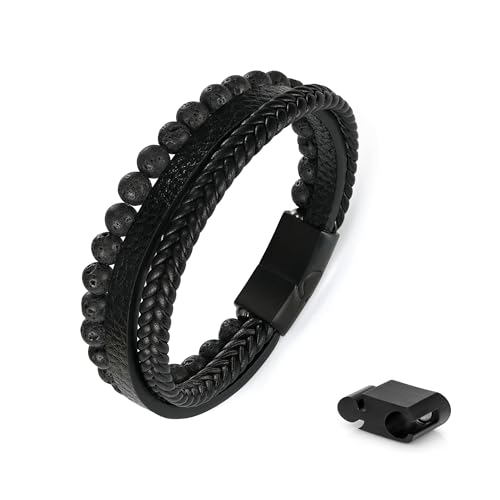 Leather Bead Bracelets for Men, Natural Tiger Eye Lava Rock Stone Bead Magnetic Clasp Adjustable Leather Bracelets Stress Relief Mens Anxiety Bracelet Mens Jewelry Gifts - style: Black Leather-Lava Rock Bead