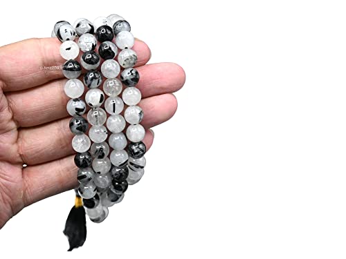 Amazing Gemstone Black Rutilated Quartz Mala Beads - 108 Prayer Beads for Meditation and Mindfulness Practice, Handcrafted Mala Beads with Gemstones for Spiritual Healing and Relaxation (Plain) - color: Black Rutilated Quartz, style: Plain