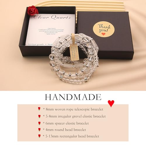 5Pcs Healing Crystal Bracelet for Women Men, Handmade Adjustable Gemstone Bracelets Beaded Reiki Energ Bracelet Set Jewelry Gifts for Women Men - color: Clear Quartz