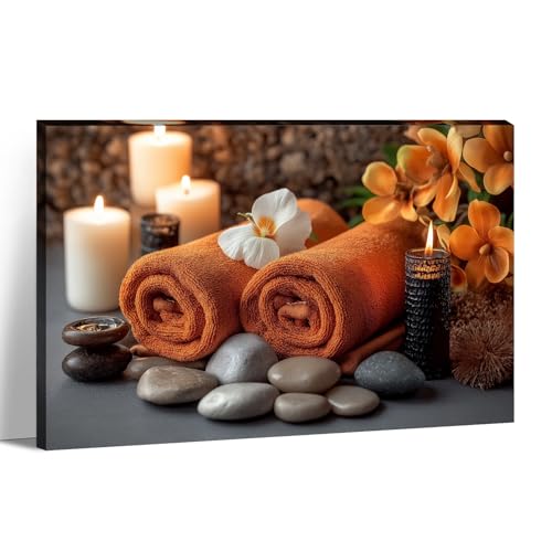 KPLUNDO Zen Canvas Wall Art - Candle Spa Stones with Towel on Wood Table Picture Orchid Meditation Spiritual Relax Painting Prints for Bathroom Home Decor Frame(12.00x18.00 inch) - color: Art-8, size: 18"L x 12"W