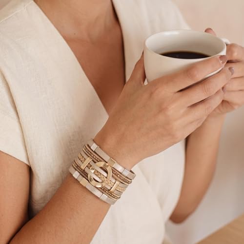 Edoneery Leather Wrap Bracelet for Women, Boho Handmade Multi-Layer Cuff with Crystal Beads Heart, Stackable Bangle Western Jewelry Gift - style: Circle Rhinestone(Gold)