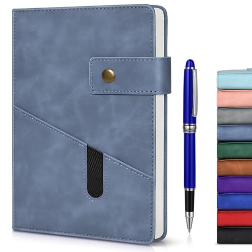 Lined Journal Notebook with Pen, A5 Personalized Hardcover Leather Journal for Men Women, 200 Pages 100 GSM Thick Paper College Ruled Notebooks for Work Travel School Writing Diary 5.9" X 8.4" Blue