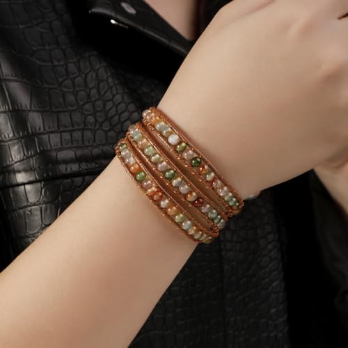 Artilady Leather Wrap Bracelets for Women - Pearl Bracelets Handmade Clasp Bangle Bracelet with Beads Jewelry Gift for Women and Mother - style: Green bead