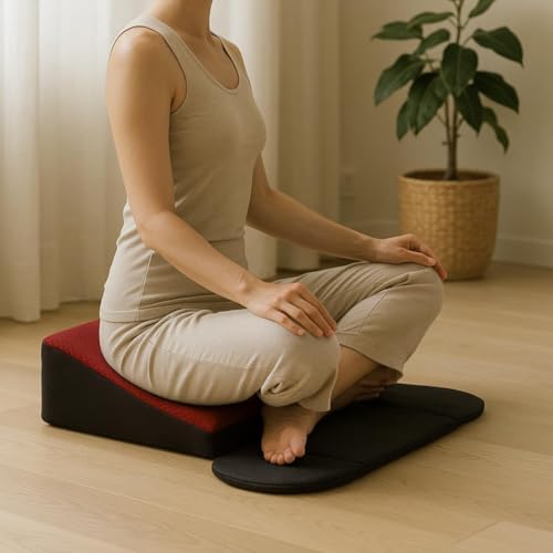 ZenSlope Pro Seat Elevated Meditation Cushion to Lift The Spine with Foldable Wings for Ankles,Premium Quilted Fabric & Carry Case Ideal for Cross-Legged Sitting Maroon