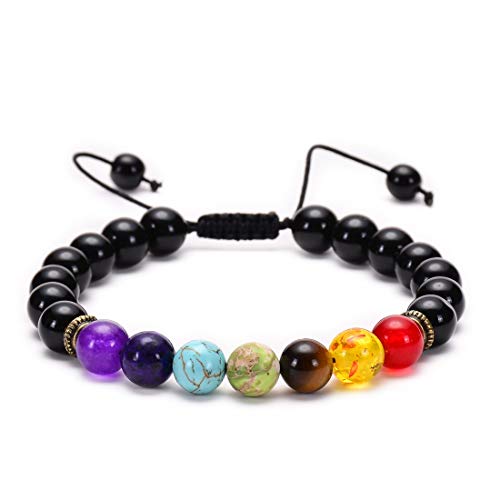 GelConnie Lava Rock Chakra Bracelet 7 Chakra 8mm Natural Stone Healing Bracelet Stress Relief Yoga Beads Anxiety Bracelet Aromatherapy Essential Oil Diffuser Bracelet Bangle - color: Black Agate