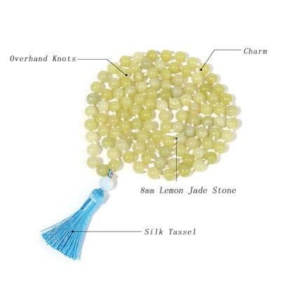 8MM Beads Chakra Long Mala Necklace Natural Stone Meditation Statement Necklace Japa Yoga Buddhist Rosary Prayer Charm Beaded Tassel Necklace - color: Lemon Jade