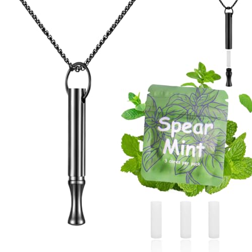 LAMKHOO Breathing Necklace to Quit Smoking and Vaping with Refillable Mint Pods Stainless Steel Stop Smoking Aids Fidget Necklace for Anxiety Relief Smokeless Inhaler for Adults - color: black
