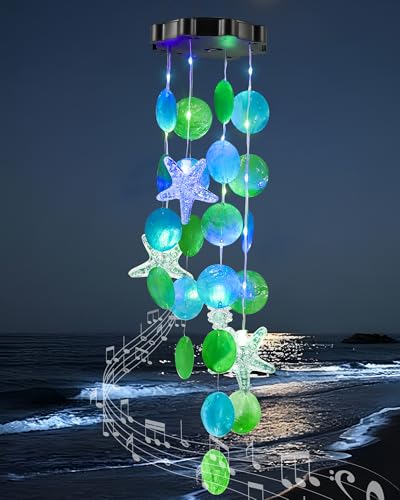 Solar Wind Chimes Decorative Lights for Outside, Hanging Lights for Holiday Garden Yard Window Shells Gifts for Mom Grandma Women Wife Girls - size: Sea
