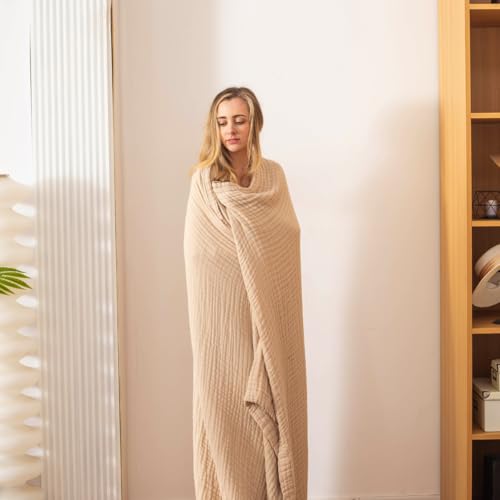 CottCare Cotton Throw Blanket,Large Size 59"x70",Gifts for Women,100% 6 Layer Muslin for Couch Breathable Gauze,All Season Soft and Lightweight Pre-Washed (Light Tan)