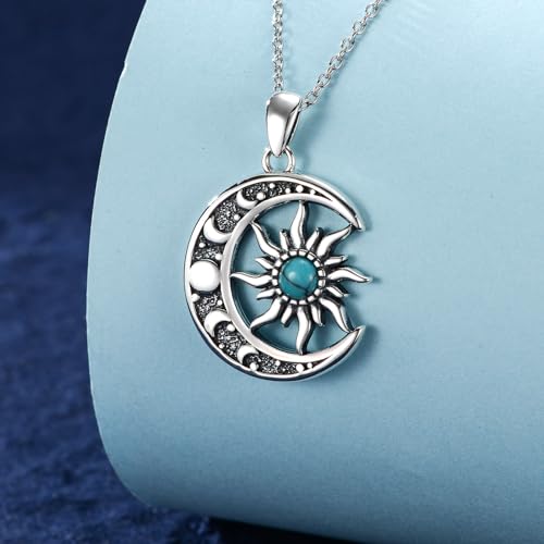 Sun and Moon Necklace 925 Sterling Silver Sun Moon Pendant Gemstone Jewelry Gifts for Women - style: Turquoise