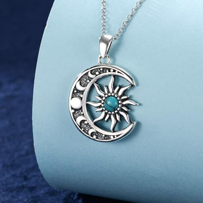 Sun and Moon Necklace 925 Sterling Silver Sun Moon Pendant Gemstone Jewelry Gifts for Women - style: Turquoise