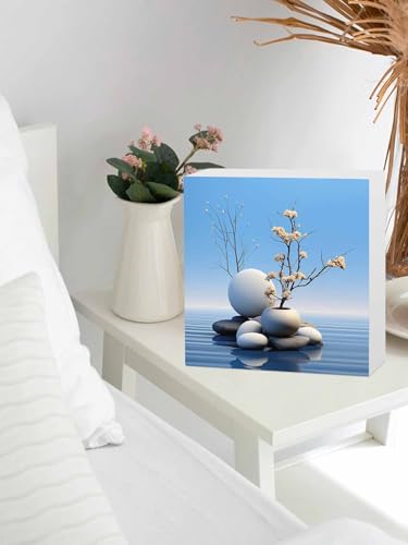 Wood Box Sign Desk Decor, Lake Stone Overlay with Vases Zen Buddhism Decorative Wooden Block Box Sign Decorations for Home Office Shelf Table Decor 6x6 Inches