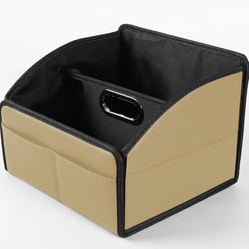 Car Storage Organizer [2025 UPDATED] Leather Car Caddy Basket for Front Seat Floor Back Seats Metal Handle 6 Compartments Adjustable Strap Buckles Slip-Resistant (Beige) - color: Leather Beige