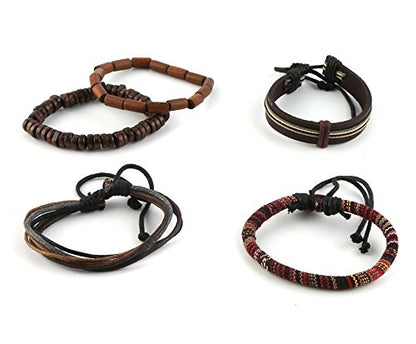 HZMAN Wrap Bracelets Men Women, Hemp Cords Wood Beads Ethnic Tribal Bracelets, Leather Wristbands - style: Classic Style