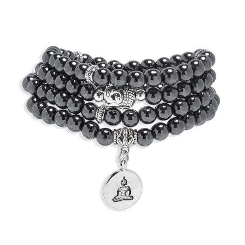 108 Mala Beads Bracelet/Necklace with Buddha Charm – Meditation Beads, Yoga Jewelry, Prayer Beads, Zen Necklace – Ideal Gift for Spiritual Practice - style: Hematite