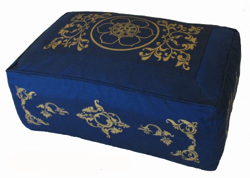 Meditation Cushion - Rectangular Zafu Buckwheat and Kapok Fill Dharma Wheel Celestial Vine Blue - color: Bluedharmawheel