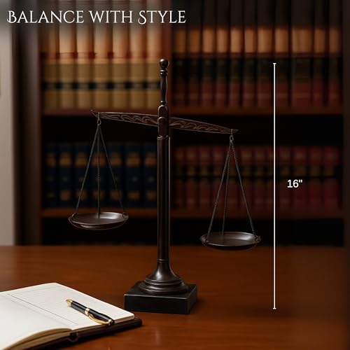 Bey-Berk Personalized “Find Your Balance” Justice Scale (Black), 16" Bronze-Finished Decorative Scale, Hand-Crafted Metal Cast on Marble Base