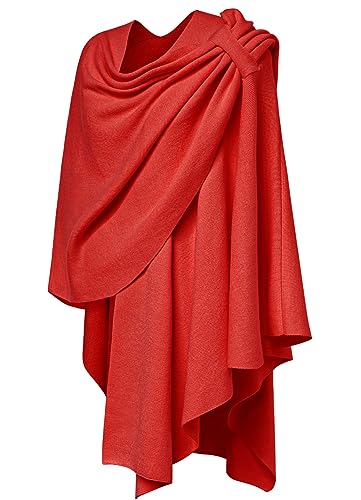PULI Womens Large Cross Front Poncho Sweater Wrap Topper Knitted Elegant Shawls Cape for Fall Winter - color: 1-red