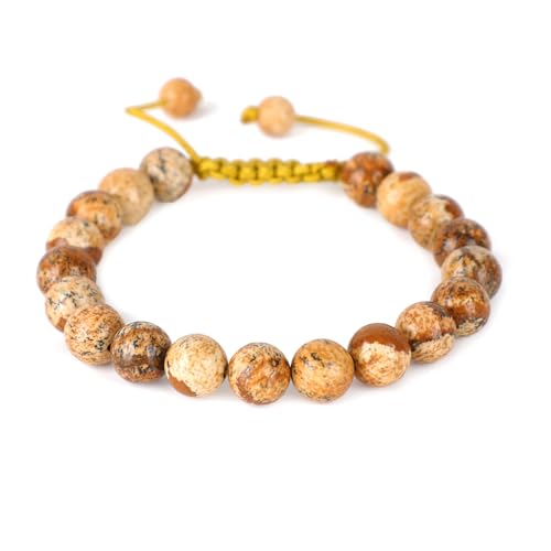AD Beads Unisex 8mm Gemstone Bracelets Healing Macrame Adjustable 7-9 Inches || wear this healing natural gemstone bracelet help to erase your pain and fear || recover your energy||| - color: Picture Jasper