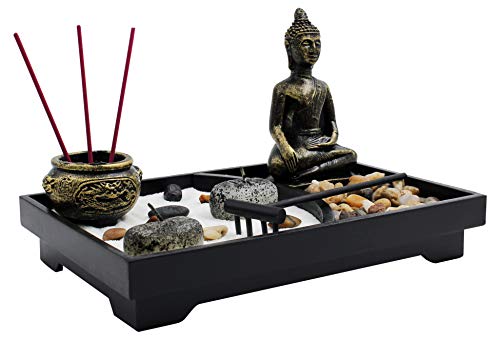 Royal Brands Zen Garden with Buddha, Rake, Rock Candle, and Incense Holder – Peace and Tranquility (9"x6"x7")