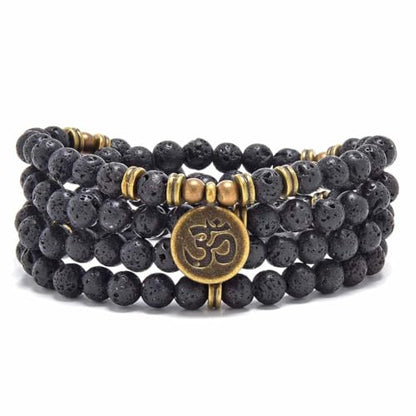 108 Mala Beads Bracelet with om Charm – Healing Stone Meditation Bracelet for Yoga & Prayer, 6mm Beads, Handmade, Gold-Plated OM Charm - style: Lava