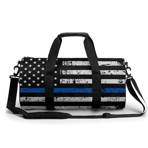 Thin Blue Line Flag Police Cylindrical Portable Fitness Bag, Large Capacity Handbag - color: Thin Blue Line Flag Police