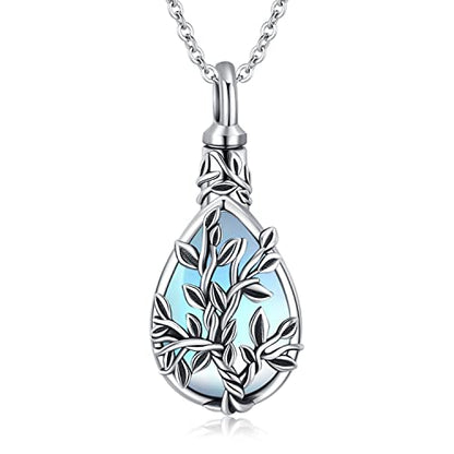 JUSTKIDSTOY Moonstone Urn Necklace for Ashes Sterling Silver Daisy/Rose/Tree Teardrop Pendant Necklace Cremation Jewelry Keepsake Memorial Gifts for Mother Grandma w/Funnel Filler - style: Tree
