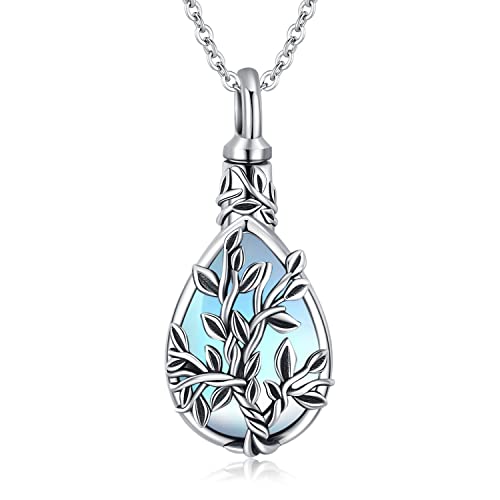 JUSTKIDSTOY Moonstone Urn Necklace for Ashes Sterling Silver Daisy/Rose/Tree Teardrop Pendant Necklace Cremation Jewelry Keepsake Memorial Gifts for Mother Grandma w/Funnel Filler - style: Tree